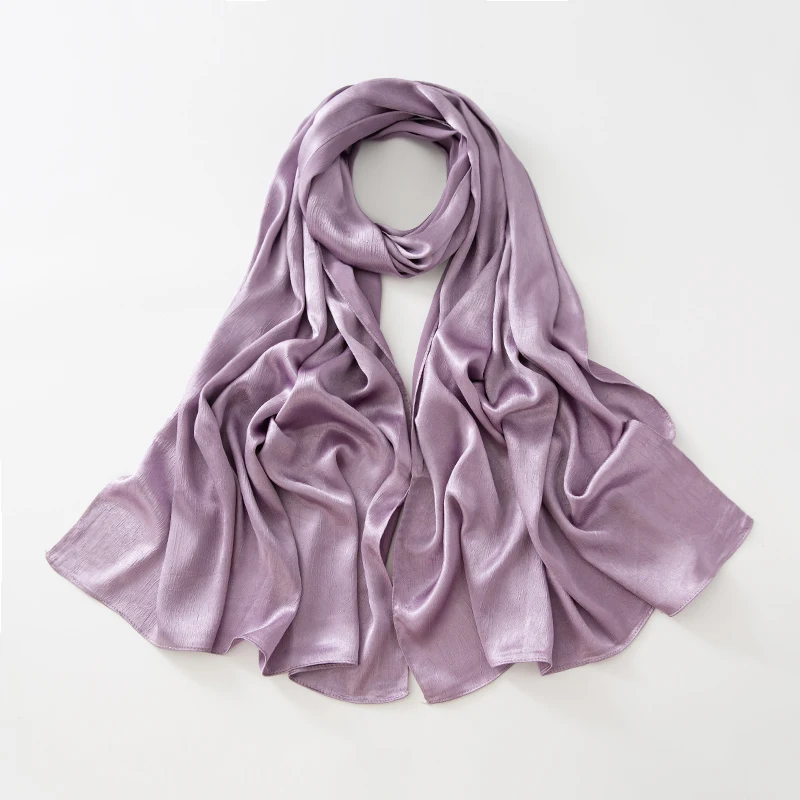 Women Plain Silk Satin Hijab Scarf Different Sides Bark Wrinkles Solid Color Long Shawl Muslim Women Smooth Silk Like Underscarf 5
