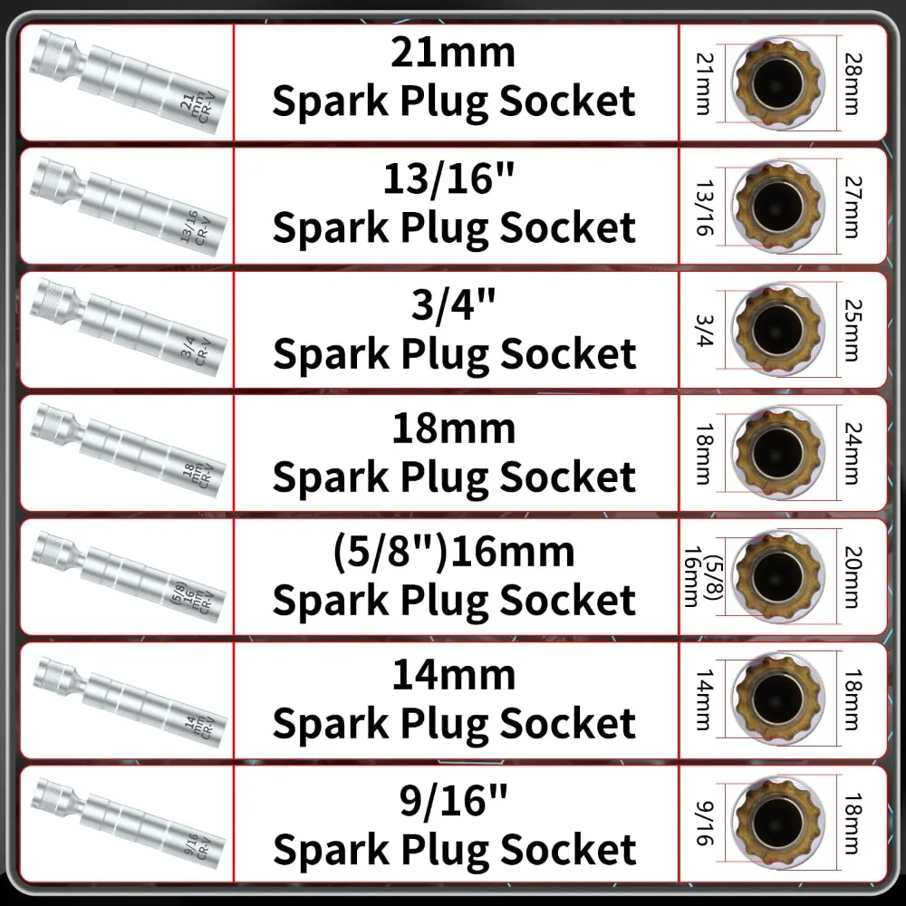3/8 Zoll Universal-Gelenkzündkerzenschlüssel mit Magnet, dünnwandig, 12-kantig, flexibler Steckschlüssel, Kfz-Reparaturwerkzeug 14mm 16mm 18mm 21mm – Detail 2