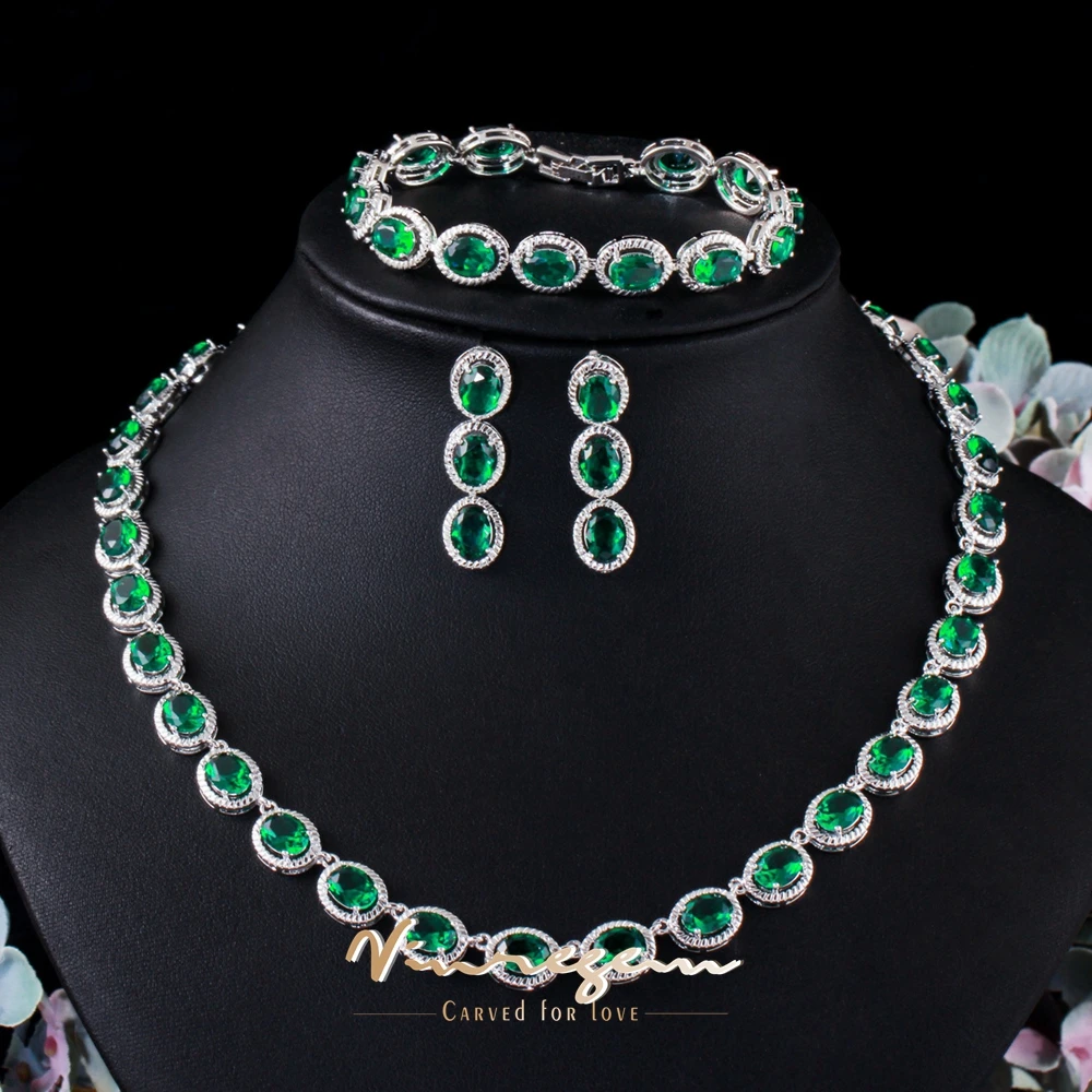 

Vinregem Bohemia Oval Synthesis Sapphire Emerald Gem Anniversary Engagement Necklaces/Earrings/Bracelets for Women Jewelry Set