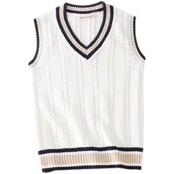 Men's Thick V-Neck Sleeveless Striped Retro Sweater Vest - Preppy Style Casual Chic - 3XL -fits 83-92kg (WHITE)