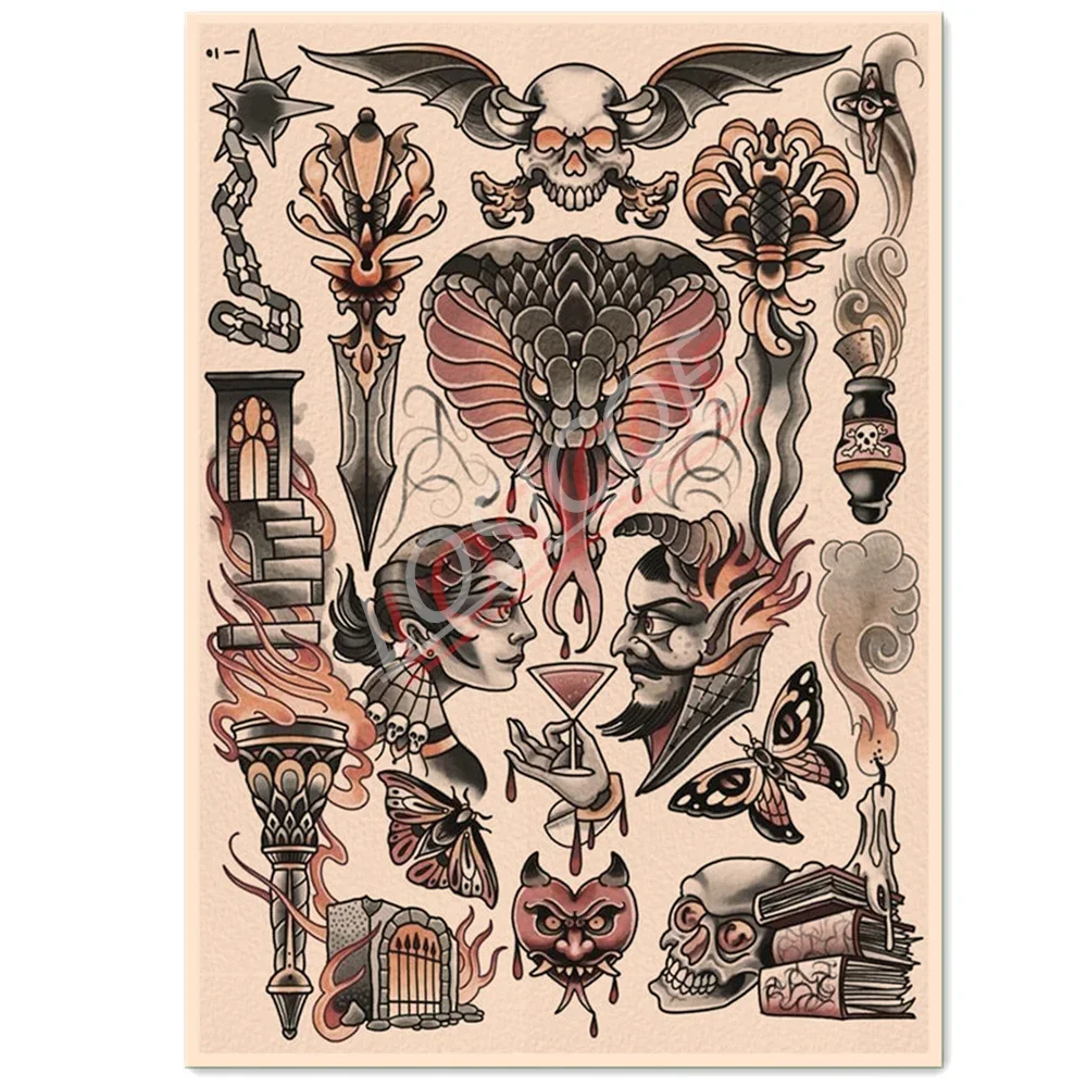 

Тату-наклейка «Кобра» для старой школы, настенная живопись, винтажные постеры из крафт-бумаги и принты, Настенный декор, наклейка для рисования