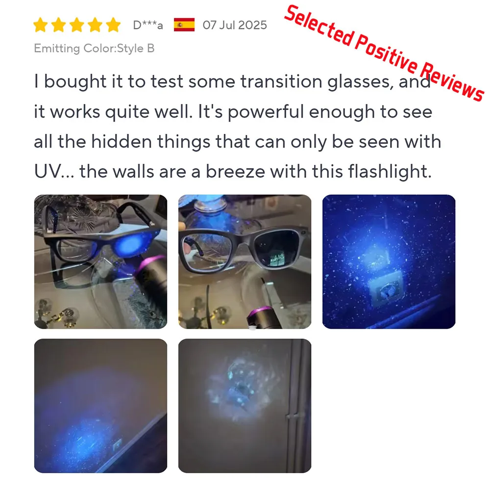 고출력 보라색 빛 랜턴 365nm UV LED 손전등 형광 항원 시약 감지 블랙 미러 램프 USB 충전식