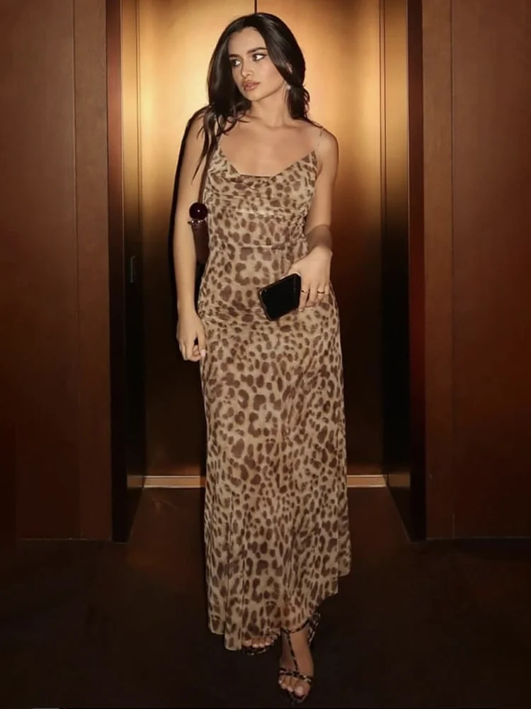 

EDSA Women Fashion Leopard Tulle Midi Dress with Adjustable Thin Straps High Waist for Female Vintage Long Dresses