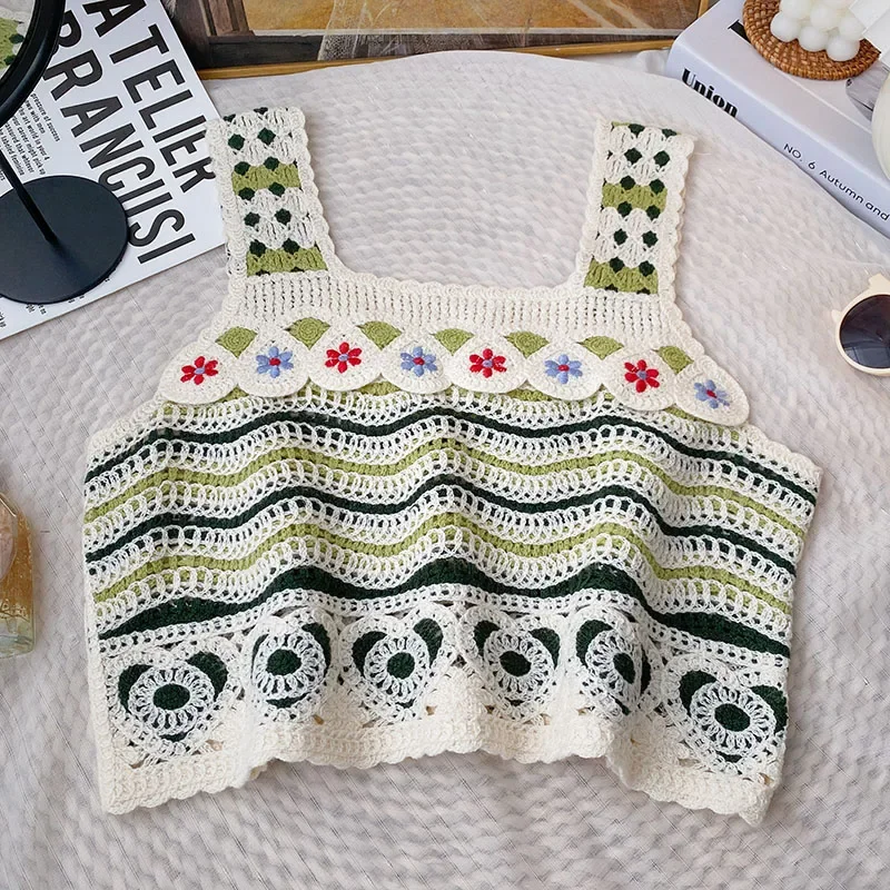 Women's Crochet Vest Top - Colorful Floral Embroidery Boho Tank Camisole For Summer