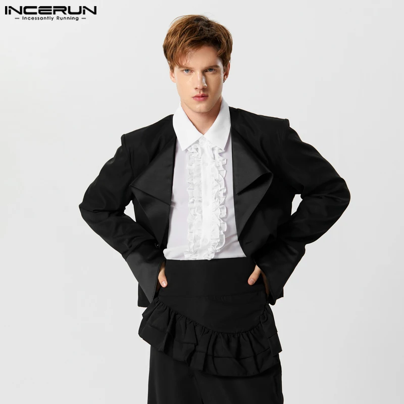 

INCERUN Men Blazer V Neck Long Sleeve Satin Patchwork Solid Color Fashion Casual Male Suits Autumn 2023 Streetwear Coats S-5XL