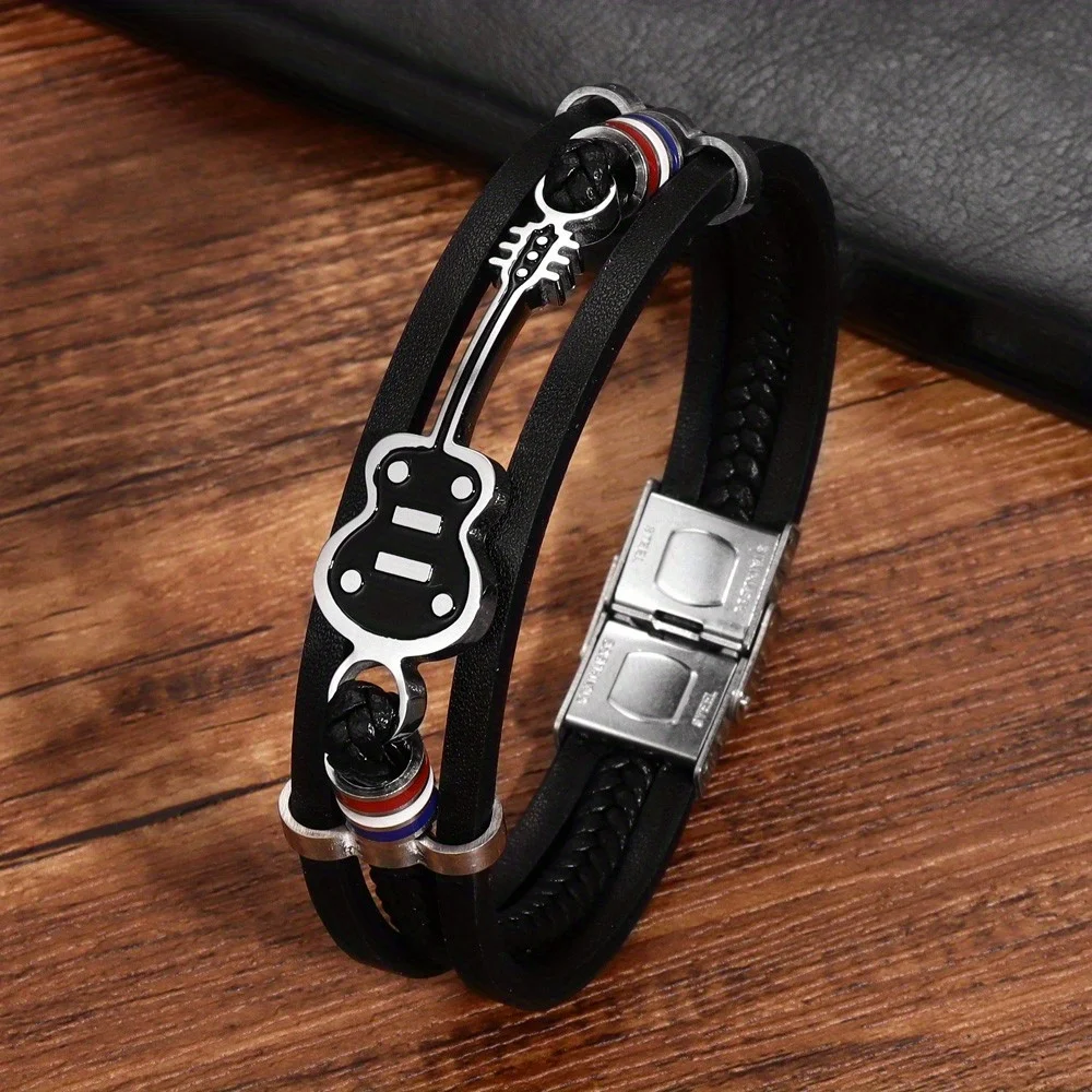 Music Lovers Guitar-shaped Bracelet Men's Punk Woven Leather Bracelet Popular Personality Holiday Gift Party Acces