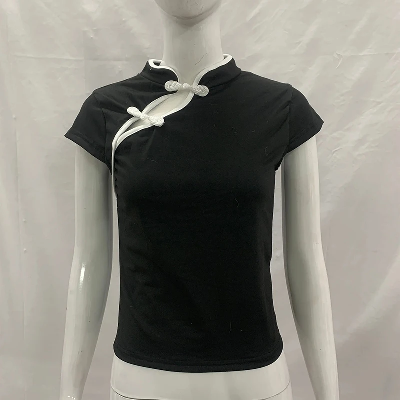 Women's Beige Chinese Style Cheongsam Blouse Vintage Mandarin Collar Short Sleeve Crop Top with Frog Button Keyhole Asymmetrical