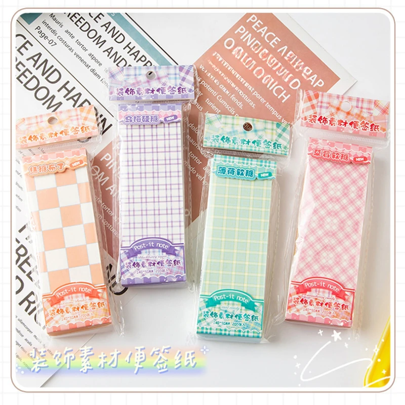 

200 Sheets Simple Plaid Note Paper Tearable Non-sticky Decorative Material Cute Long Rectangle Colorful Grid Memo Stationery