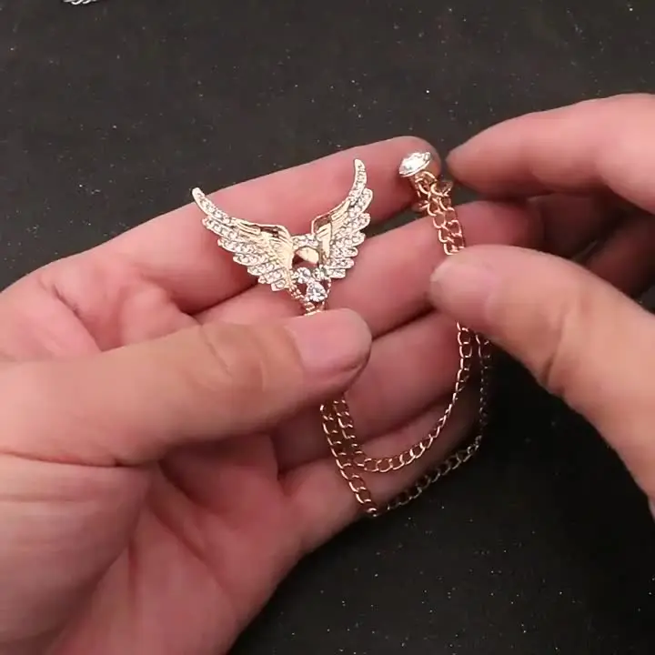 New Rhinestone Eagle Wings Brooches Lapel Pin Crystal Tassel