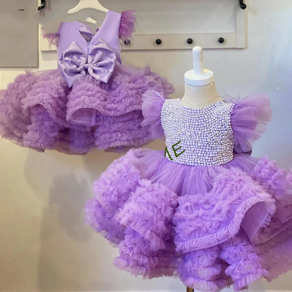 

Purple Princess Flower Girl Dress For Wedding Tulle Puffy With Pearl Bow Beaded Layered First Communion Dress Ball Gown 2024