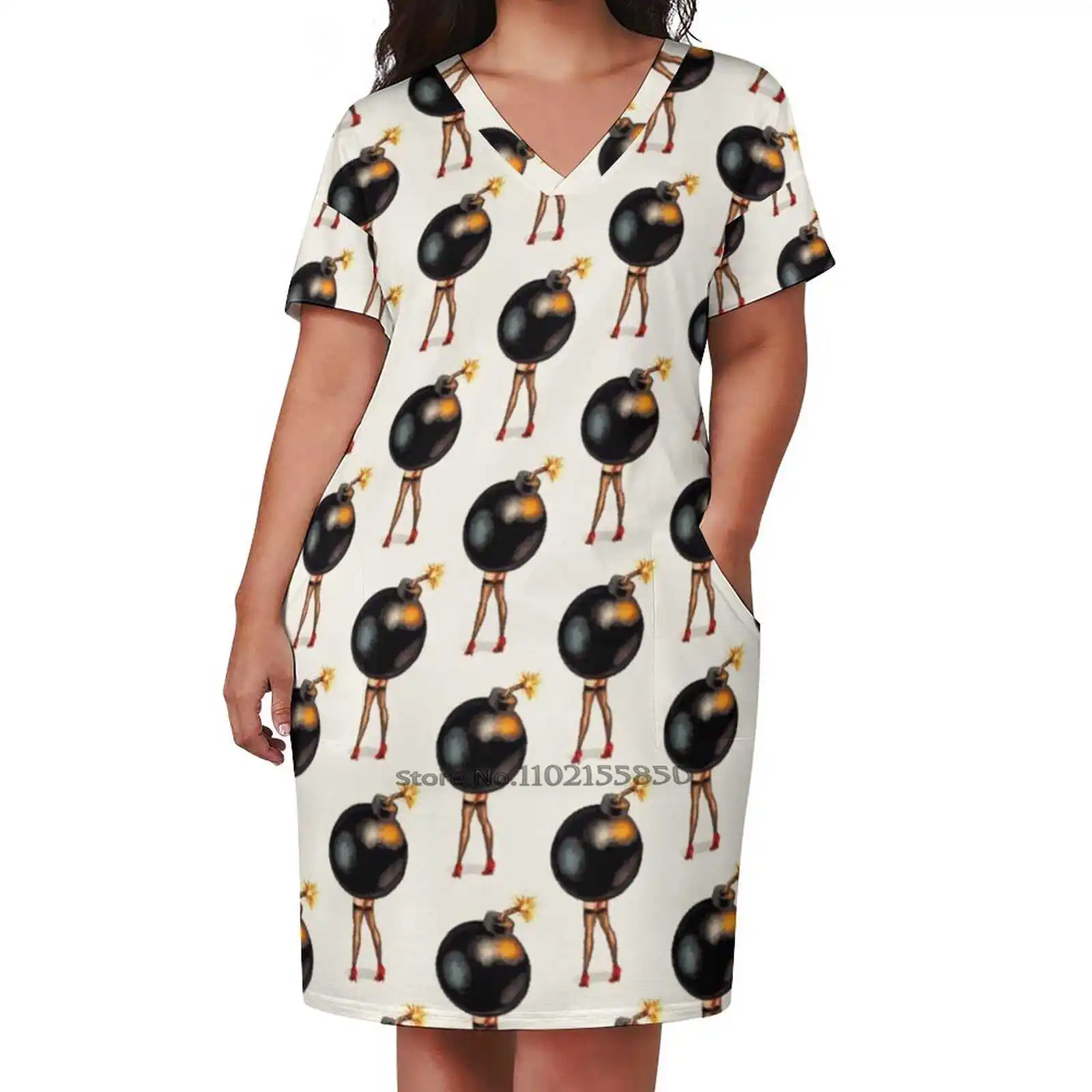 Bomb Pin - Up Abito Tascabile Allentato Abito Estivo Sexy Con Scollo A V Stampa Abito Manica Corta Bomb Up Fire Petardo Arcade Vintage