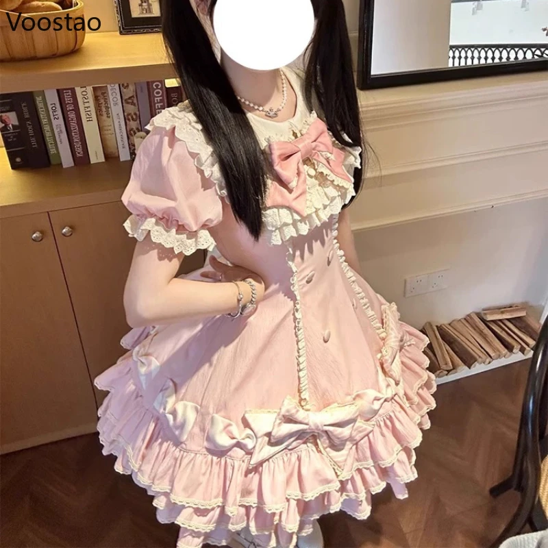 Japanese Sweet Lolita OP Dress Women Vintage Kawaii Lace Puff Sleeve Bow Princess Party Dresses Girl Y2k Cute Evening Cake Dress