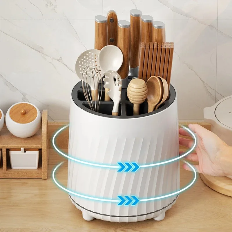 360° Rotatable Knife Holder, Multi-functional Kitchen Storage Rack Drain Basket, Simple Two-color Knife Storage Chopstick Barrel 2