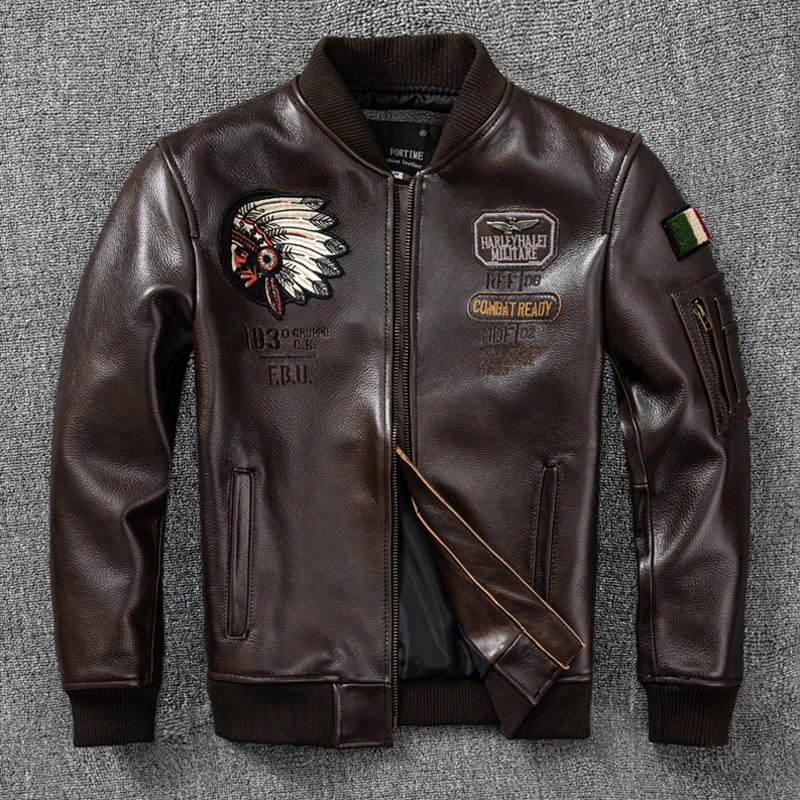 

Spring Autumn New oil wax Top Layer Cowhide baseball Jacket Men corium Flight Jacket Indian Embroidery Short corium Coat