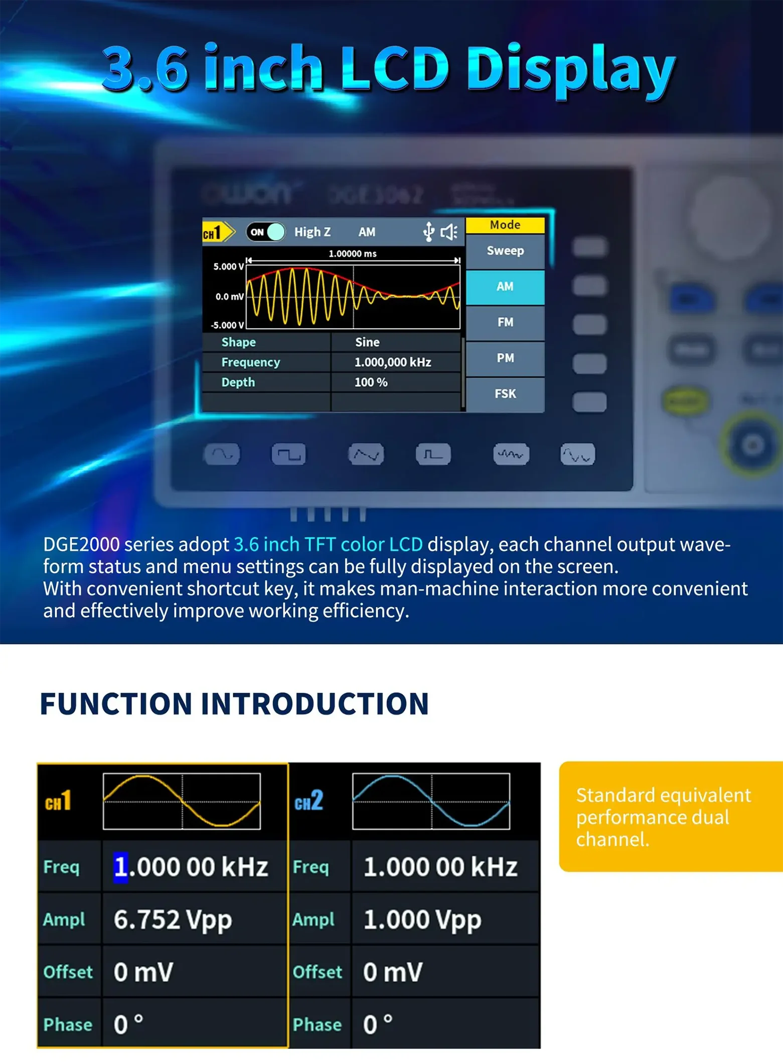 DGE2035/DGE2070 Dual Channel Digital Oscilloscope, Waveform Generator 300MSa/S S