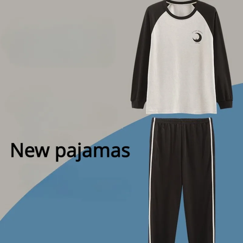 Cotton Men Pajamas Spring Simple Pyjamas Round Neck Long Sleeve Nightdress Loose Thin Home Wear Large Size Printed Sleepwear