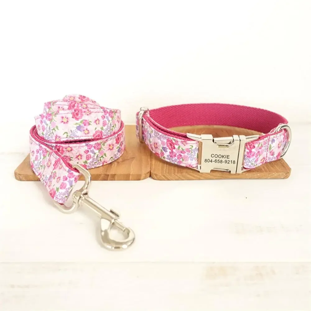 Personalized Pet Collar Nameplate ID Tag Adjustable Pink Flower Cat Dog Collars Lead Leash