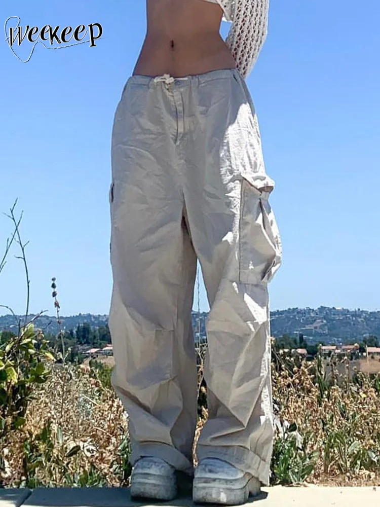 

Streetwear Light Grey Cargo Pants Casual Baggy Drawstring Low Rise Sweatpants Women Pocket Jogging Pants Harajuku Capris