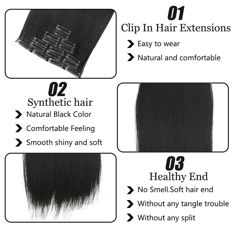 Long straight hair extensions with 16 clips and a seven piece set to increase hair volume, natural wig pieces