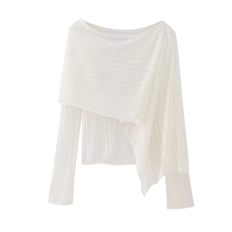 

Women's Loose and Thin Asymmetric All-match White Knitted Sweater Summer New Cloak Style Knitted Top