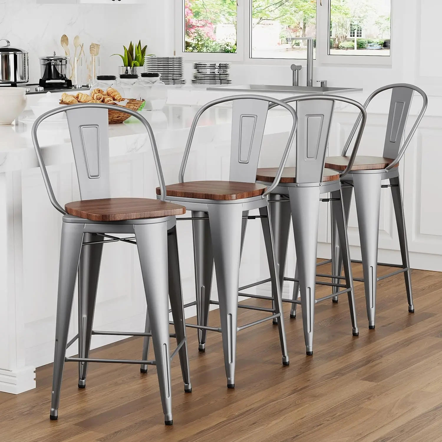 Customized.30" Swivel Metal Bar Stools Set of 4 Bar Height Barstools Industrial High Back Bar Chairs with Large Wooden Seat Matt