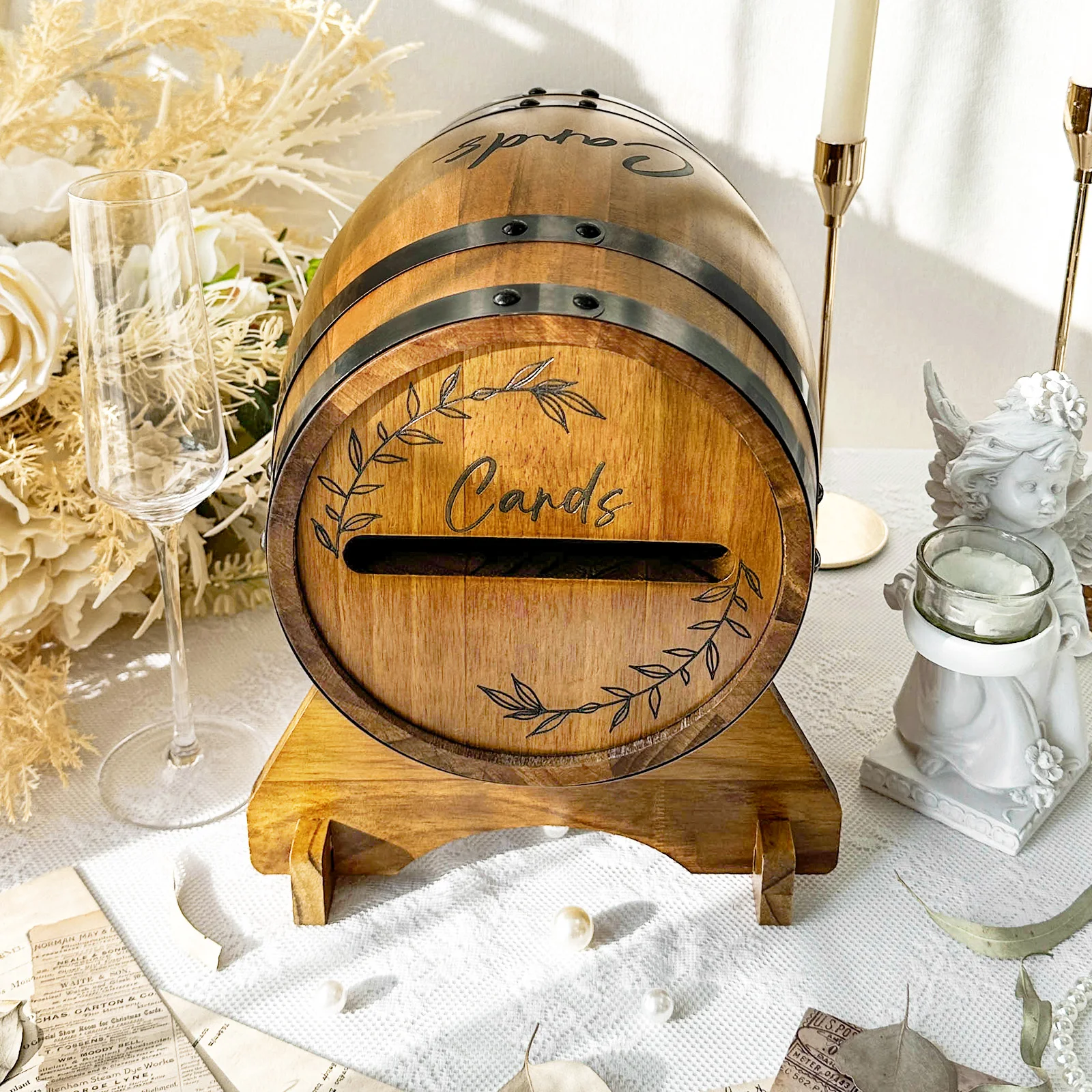 Wooden Gift Card Boxes Wedding Card Box With Base Brown Whiskey Barrel Suitable For Graduation Ceremony Baby Shower
