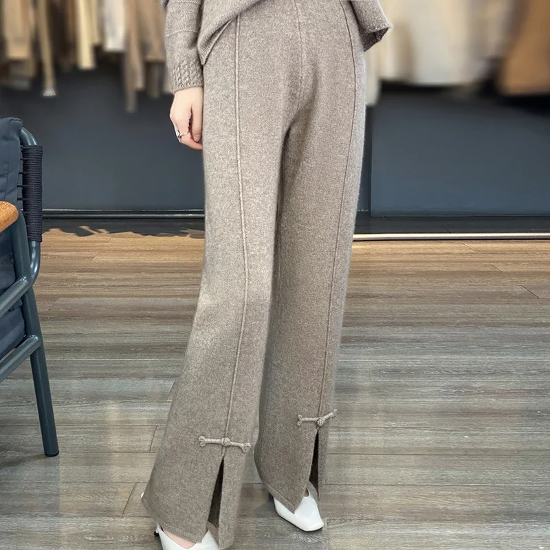 

New 100% Pure Wool High Waist Pants Women's Straight Pants With Buckle Split Wide-Leg Pants Loose Seam Cashmere Pants.