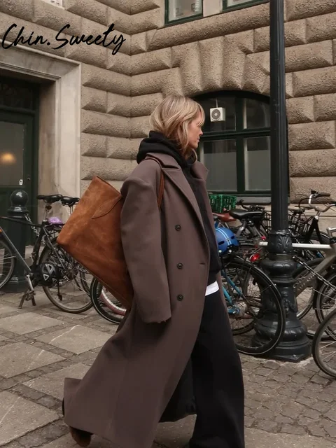 Urban Women Wool Long Coat Casual Full Sleeve Lapel Doube-Breasted Female Coats 2025 Autumn Winter Casual Lady Streetwear 2