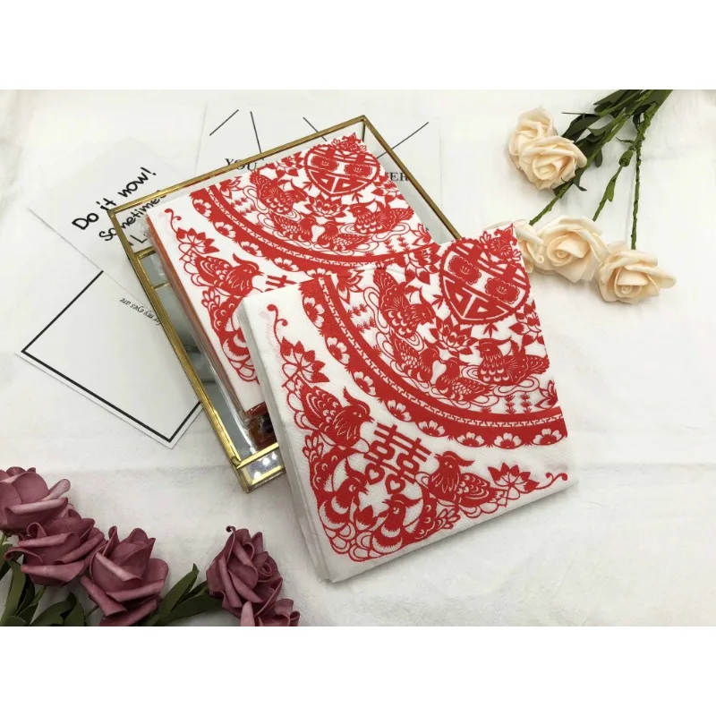 Colourful Printed Napkins Chinese Paper Cutting Joyful Printed Paper Placemats Wedding Festival Square Facial Tissues 20pcs/pac