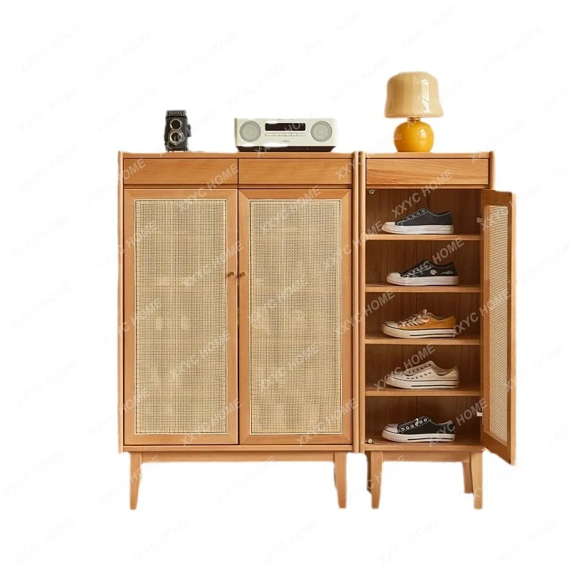 

Solid Wood Rattan Shoe Cabinet Home Doorway Double Door Simple Modern Bedroom Storage Hall Storage Entrance Cabinet