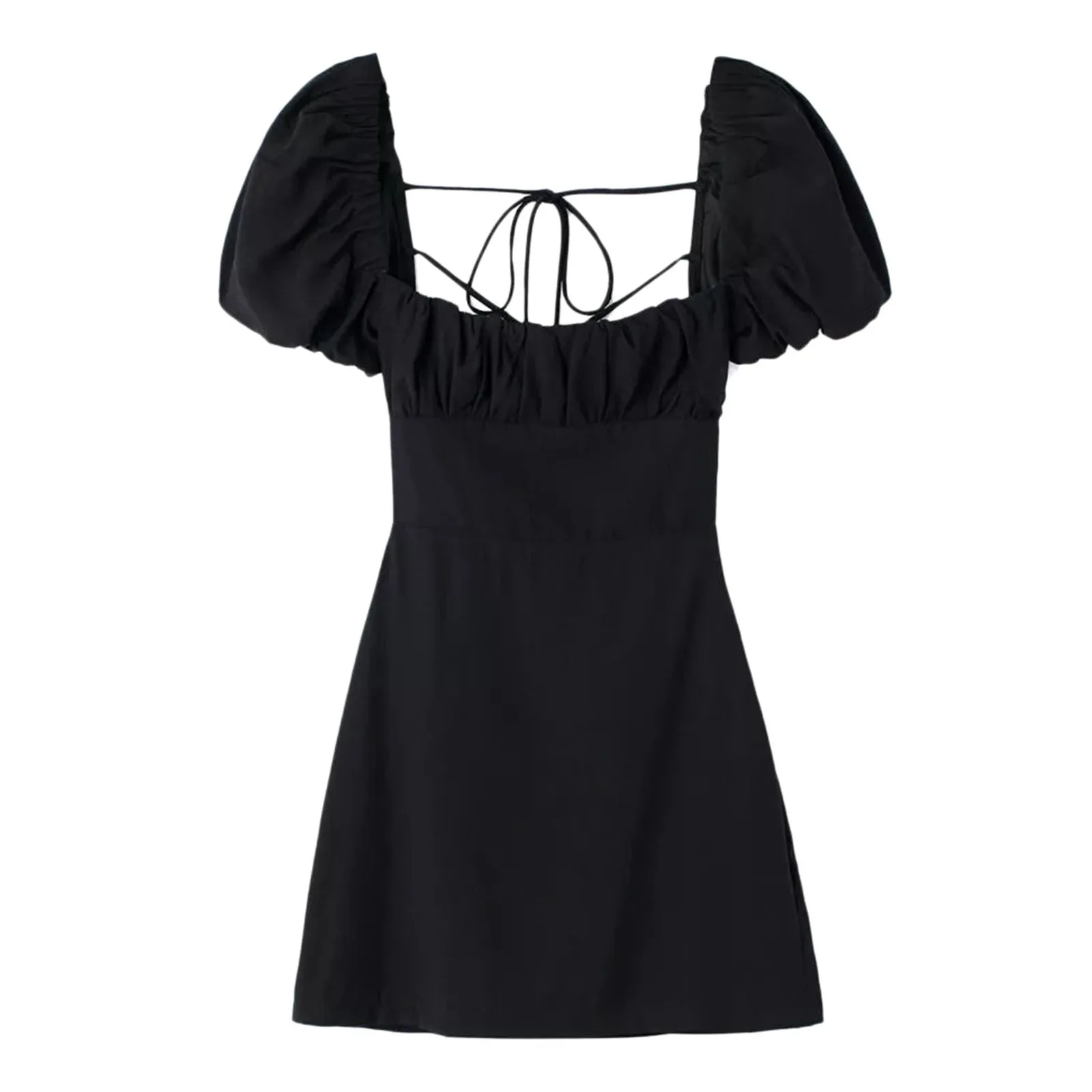 여성용 패셔너블 블렌드 원피스, 스퀘어 넥, 짧은 퍼프 소매, 백리스 크로스오버 스트랩, 여성용 스트랩리스 드레스 원피스 