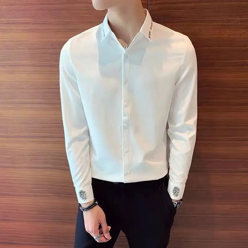 

Thin Spring Summer Fashion Casual Loose Solid Embroidery Turn-down Collar Hipster Formal Shirts 2023 Men's Clothing Sven Tops