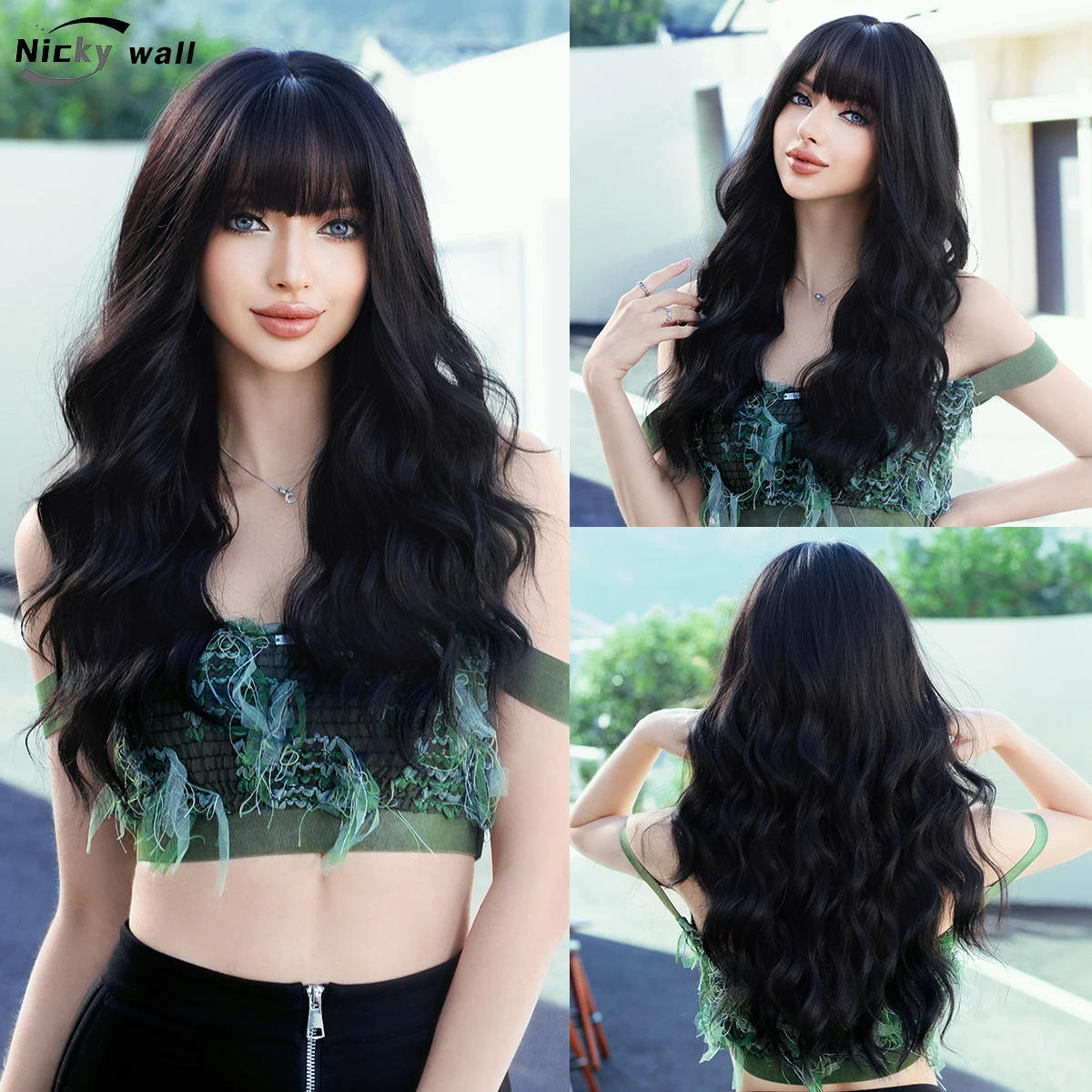 

Long Black Wavy Hair Wigs for Women Natural Synthetic Heat Resistant Fiber Wigs with Bangs Cosplay Gothic Lolita Daily Party