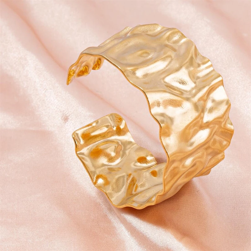 Punk Bracelets Gold Plated Hammered Cuff Open Wide Bracelets Punk Chunky Stainless Steel Bangles Ethnic Jewelry Gifts for Women 4