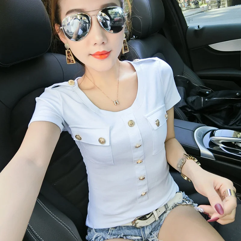 

#7238 Black White Black Short Sleeve T Shirt Women Buttons Sexy Tee Shirt Femme O-neck Skinny Tshirt Female Pockets Summer Tee