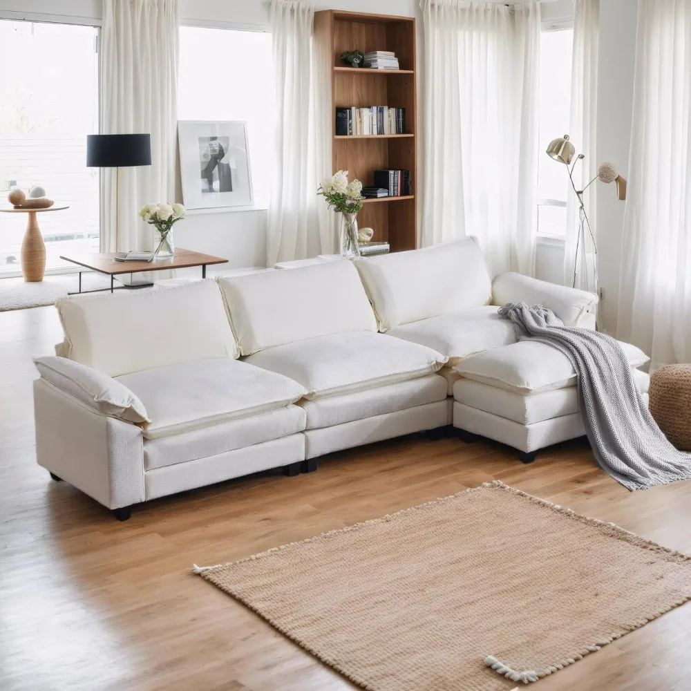 Sectional Sofa Modular Deep Seat Sofa Couch with Ottoman, Chenille Sofa Sleeper Comfy Upholstered Furniture for Living Room