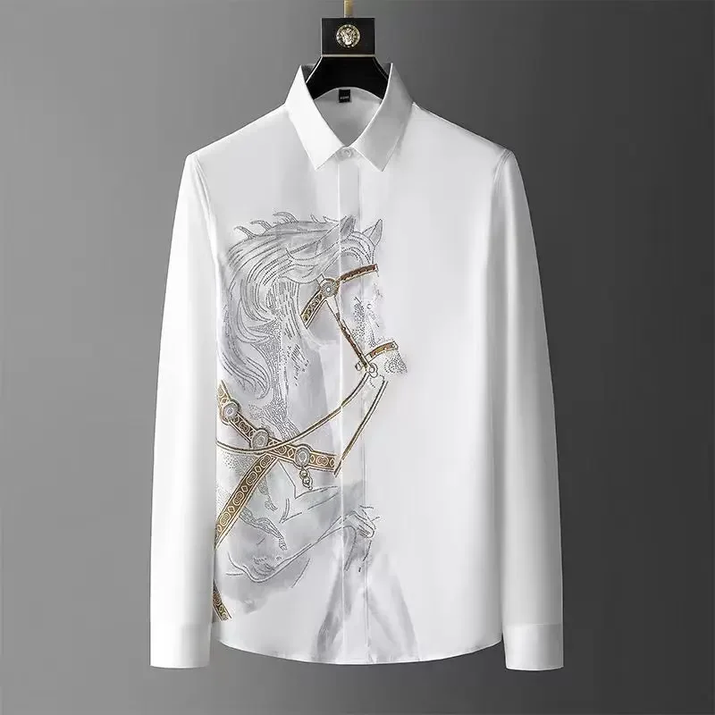 Hot Diamond Men's Long Shirt, Korean Version of The Slim Anti -wrinkle Shirt, Black and White Horse Pattern Men's Clothing phonetic version of buddhist diamond sutra scriptures