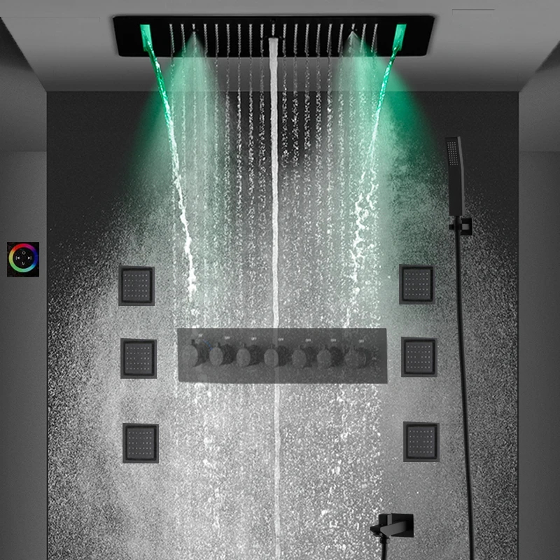 

6 Functions Black Shower Set Column Concealed Shower head Rainfall Misty Waterfall Body jets High Flow Mixer Thermostatic
