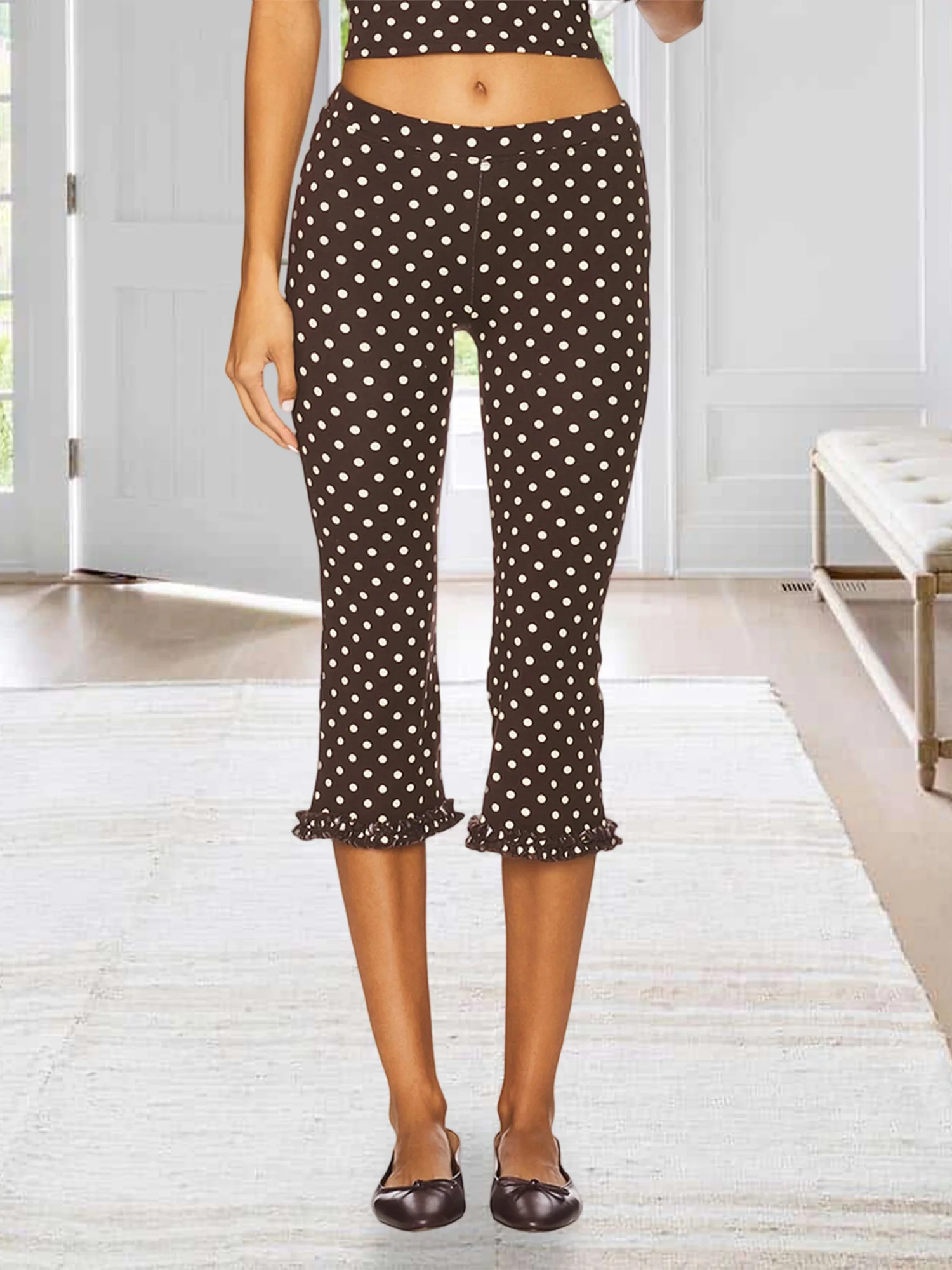 Women Retro Solid/Polka Dot Printed Capris Cute Low Rise Stretchy Cropped Pants Skinny Ruffles Cropped Capri Going Out Leggings