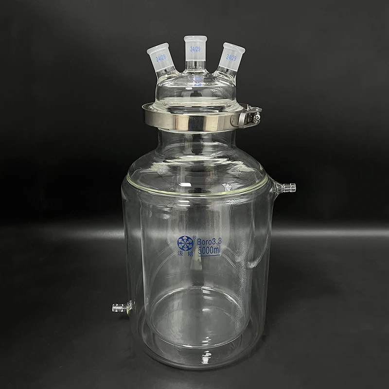 더블 레이어 원통형 플랫 하단 오픈 반응기 병 5000mL,150mm 플랜지, 스테인레스 클립, 3 개의 입 24/29 커버