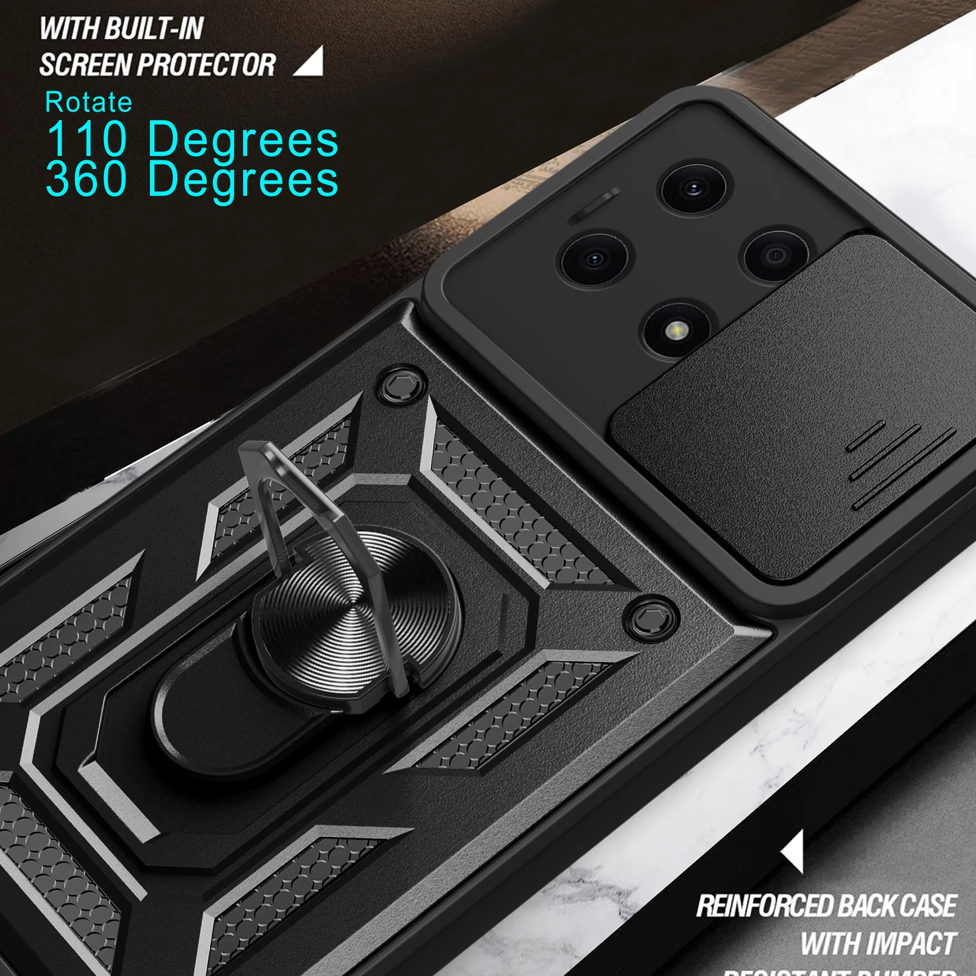 Shockproof Armor Case with Slide Camera Lens Protection Ring - Durable Phone Back Cover