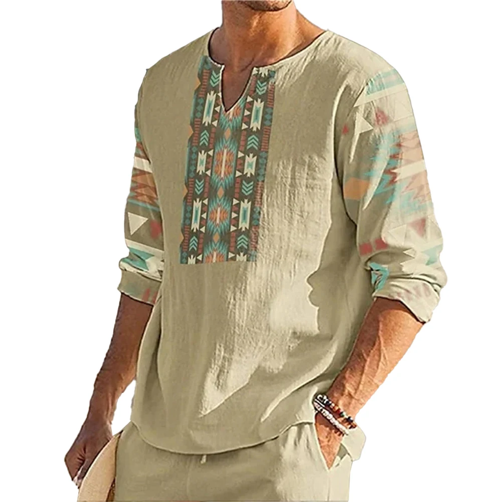 

Fashion Men's Landscape Print T-shirts Autumn Spring Slim Long Sleeve Henley V Neck Undershirts T Shirt Tops Tees Clothing