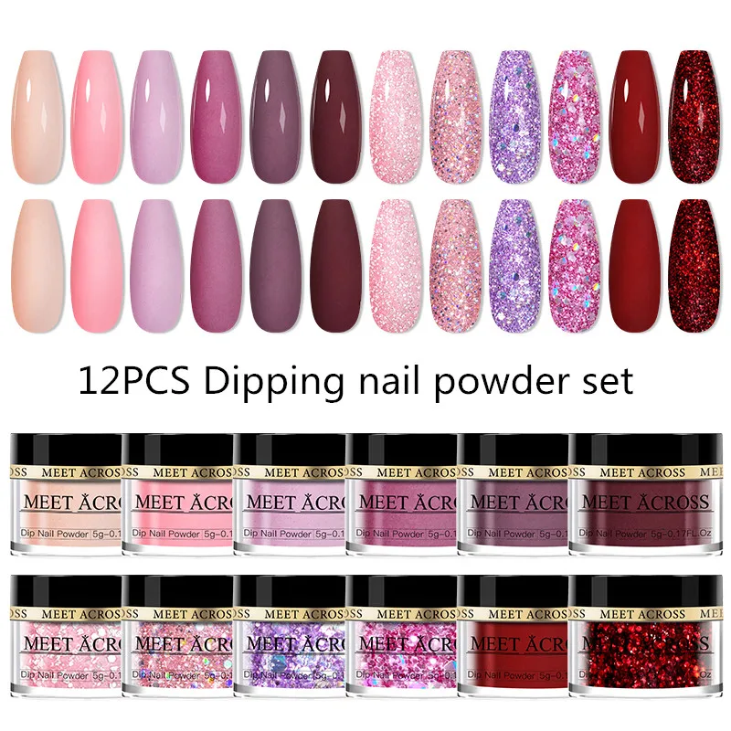 MEET ACROSS Glitter Dipping Powder Nail Kit Dipping Nail Powder System Set Natural Dry Art DIY Decoration Manicure