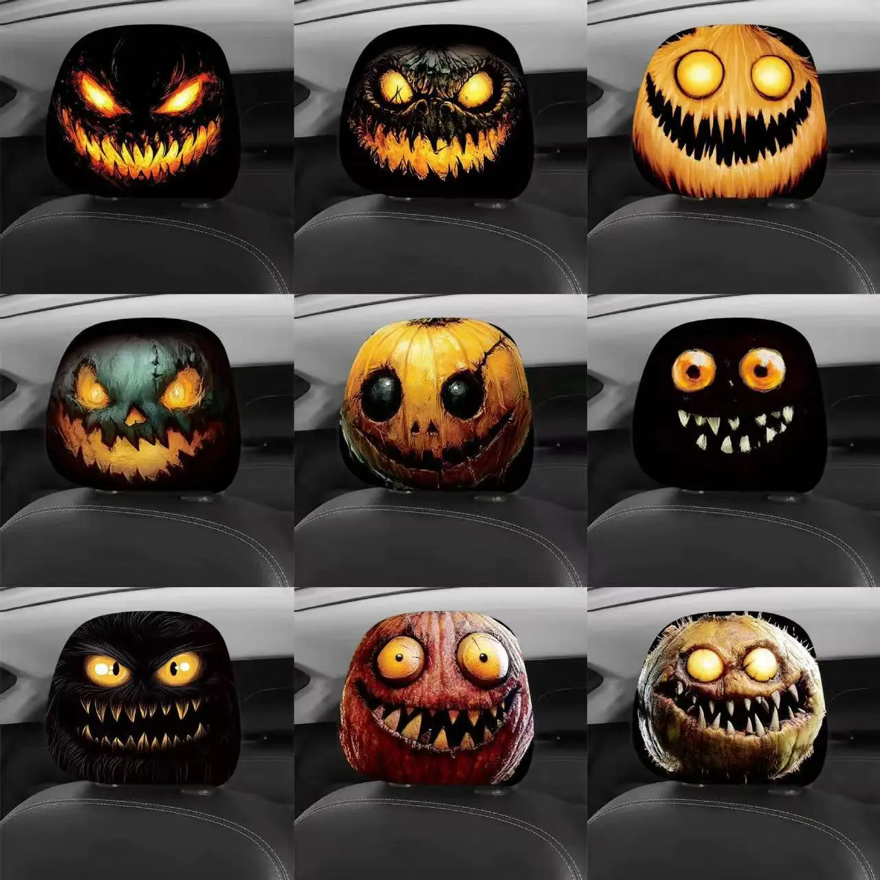 2 Stück Halloween Horror Kürbis Auto-Kopfstützenbezüge, doppelseitig bedruckt, universeller Auto-Nackenkissenbezug, stilvolle Auto-Innendekoration – Detail 8