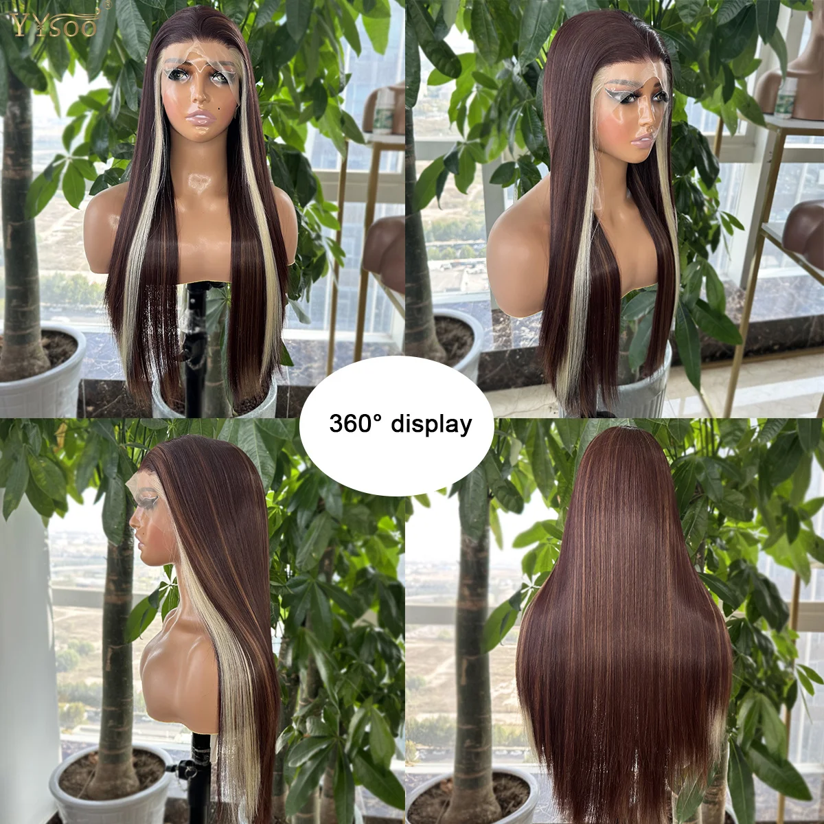 

YYsoo Long 13x4 Silky Straight Highlights Futura Glueless Synthetic Hair Lace Front Wigs For Black Women Pre Plucked Hairline