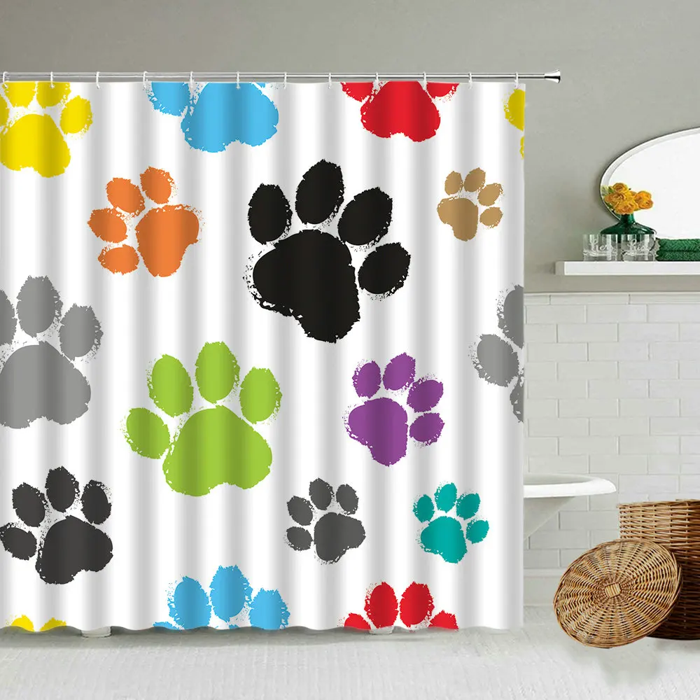 FunCartoonAnimalPawShowerCurtainColorCatDogBearPawBathroom