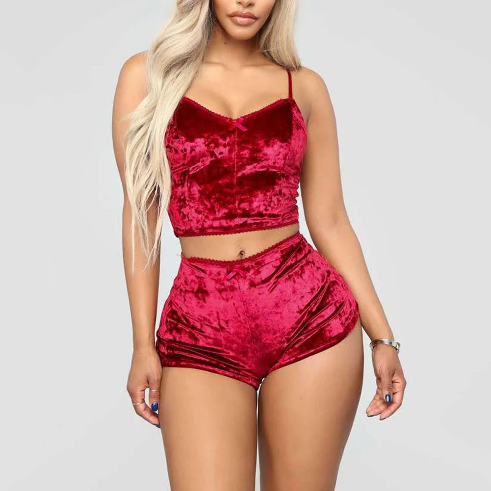Women Sexy Lingerie Set Oil Shiny Nightwear Super Soft Short Sleepwear Sleeveless Crop Tops Solid Shorts Pajamas Set Casual Wear women pajamas set women pajama suit