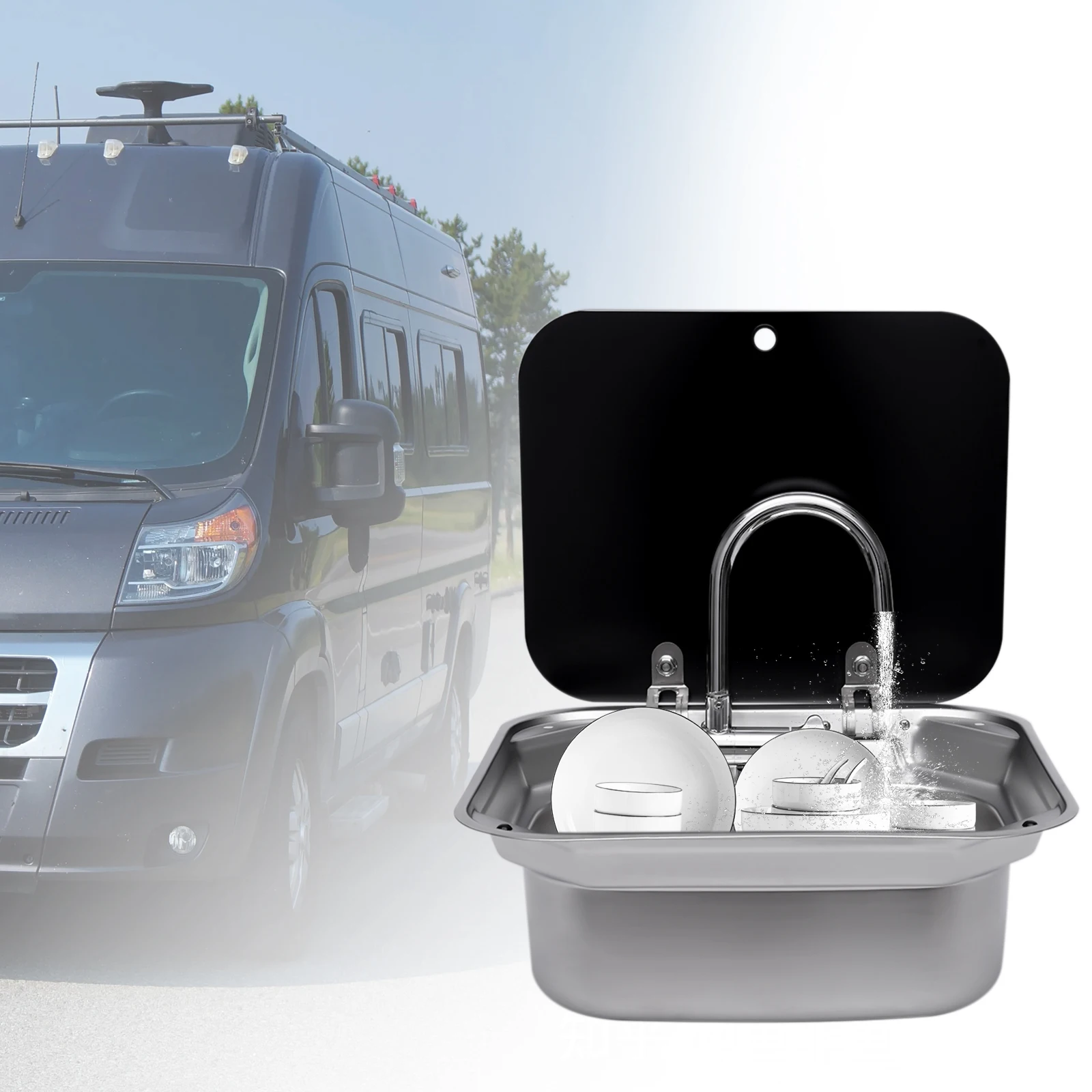 US RV Sink Kit Folding Square Outdoor Full Set+Lid+Faucet Stainless Steel Sink 6