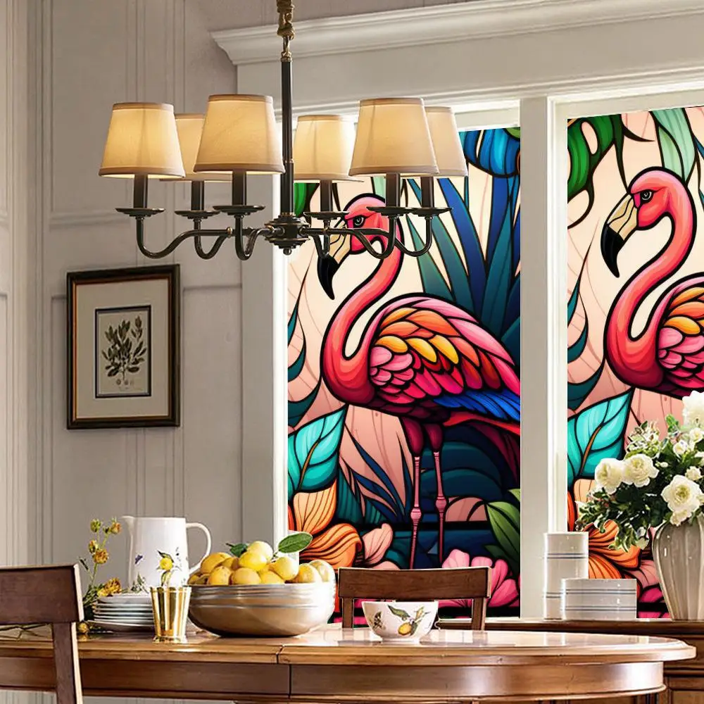 Description Picture 2 of itemColorful Retro Flower Birds Window Glass Electrostatic Stickers Removable Window Privacy Stained Decorative Film for Home Office