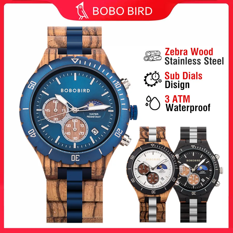 

BOBO BIRD Men's Watches Quartz Man WristWatch Handmade Natural Wood Watch Display Date Moon Phase Chronograph Timepieces Custom